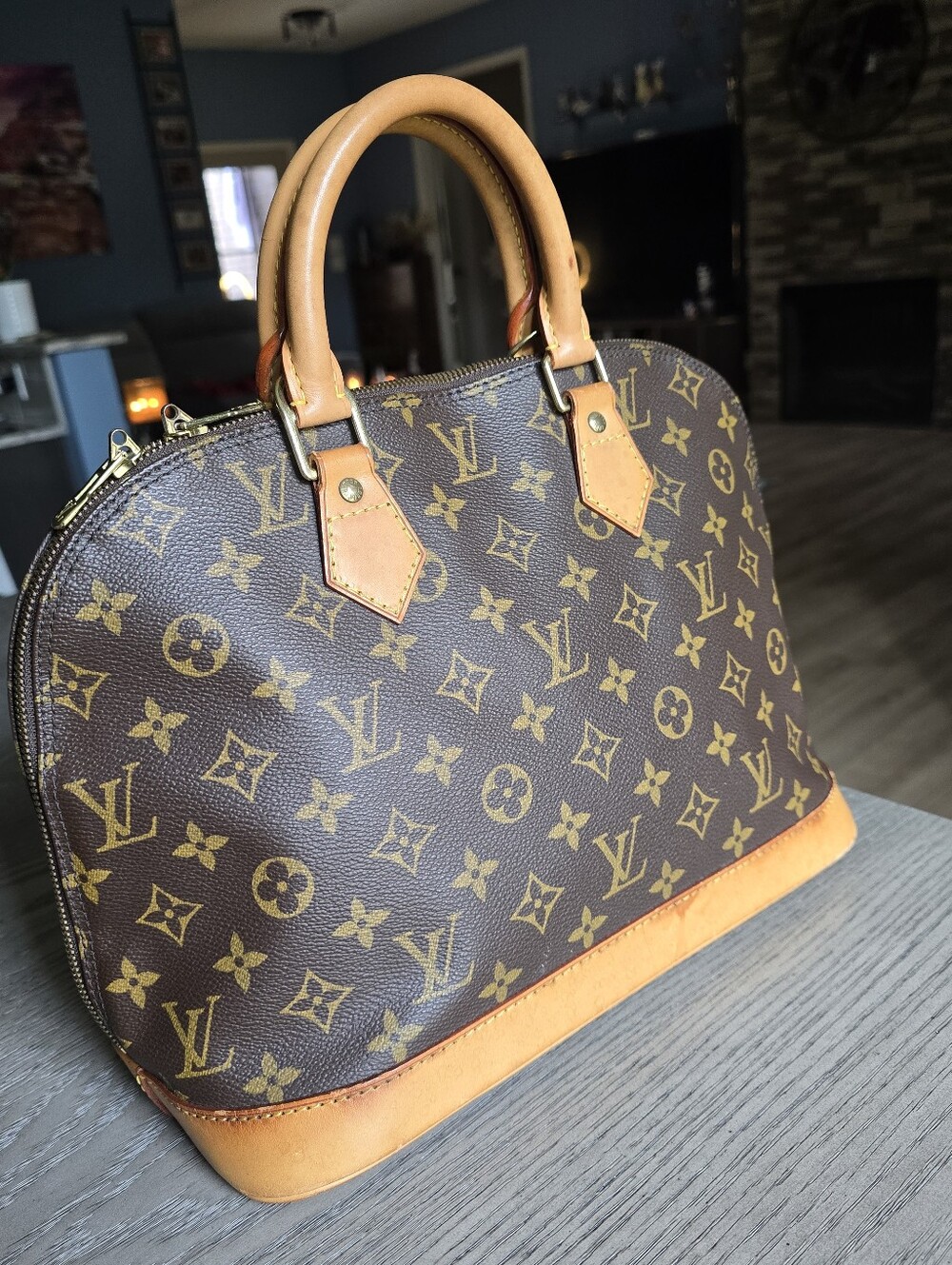 Louis Vuitton Brown Monogram Alma Satchel with Tan Trim
